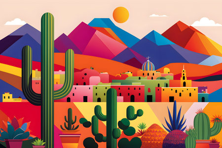 Mexico landscape, flat design illustration, mexican summer, AI Generatedの素材