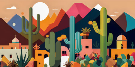 Mexico landscape, flat design illustration, mexican summer, AI Generatedの素材