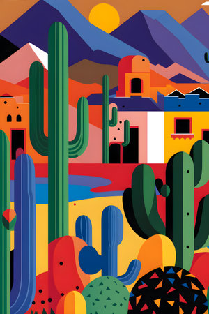 Mexico landscape, flat design illustration, mexican summer, AI Generatedの素材
