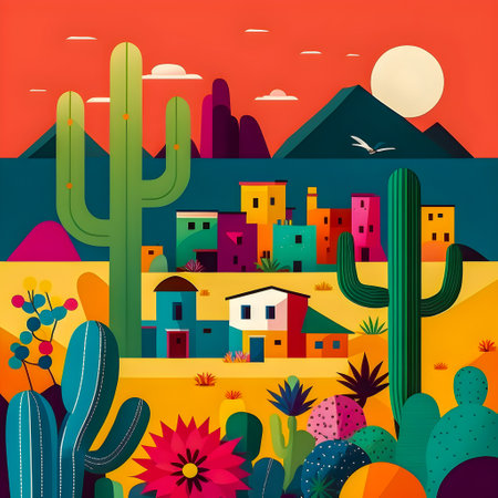 Mexico landscape, flat design illustration, mexican summer, AI Generatedの素材
