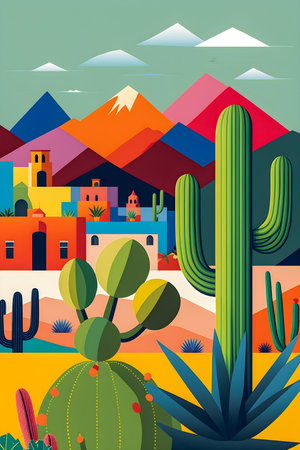 Mexico landscape, flat design illustration, mexican summer, AI Generatedの素材