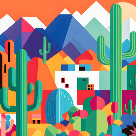 Mexico landscape, flat design illustration, mexican summer, AI Generatedの素材