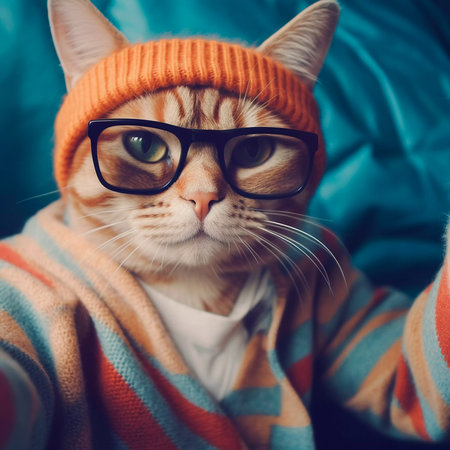 Hipster cat take selfie photo, funny anthropomorphic animals, AI Generatedの素材