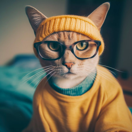 Hipster cat take selfie photo, funny anthropomorphic animals, AI Generatedの素材