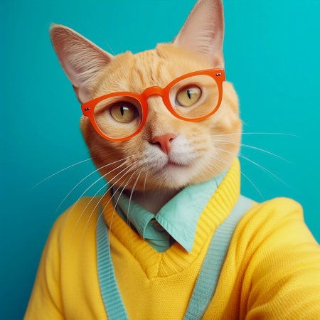 Hipster cat take selfie photo, funny anthropomorphic animals, AI Generatedの素材