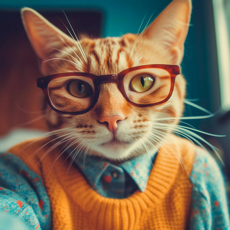 Hipster cat take selfie photo, funny anthropomorphic animals, AI Generatedの素材