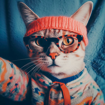 Hipster cat take selfie photo, funny anthropomorphic animals, AI Generatedの素材