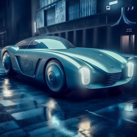 Retro future car concept, dark colors, car show style, AI Generatedの素材