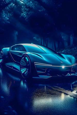 Retro future car concept, dark colors, car show style, AI Generatedの素材