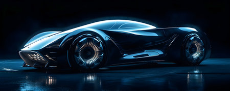 Retro future car concept, dark colors, car show style, AI Generatedの素材