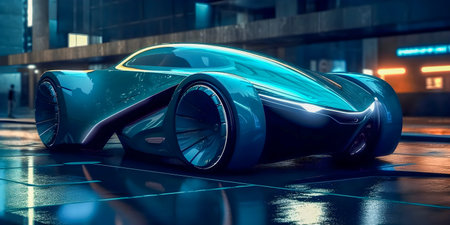 Retro future car concept, dark colors, car show style, AI Generatedの素材