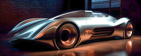 Retro future car concept, dark colors, car show style, AI Generatedの素材