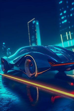 Retro future car concept, dark colors, car show style, AI Generatedの素材