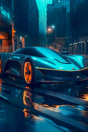 Retro future car concept, dark colors, car show style, AI Generatedの素材