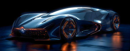Retro future car concept, dark colors, car show style, AI Generatedの素材