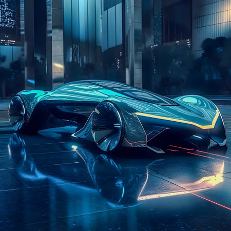 Retro future car concept, dark colors, car show style, AI Generatedの素材