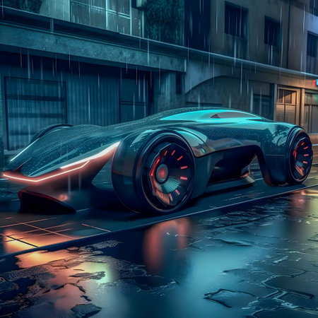 Retro future car concept, dark colors, car show style, AI Generatedの素材