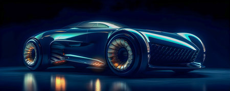 Retro future car concept, dark colors, car show style, AI Generatedの素材