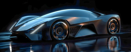 Retro future car concept, dark colors, car show style, AI Generatedの素材