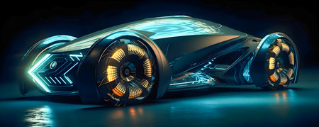 Retro future car concept, dark colors, car show style, AI Generatedの素材