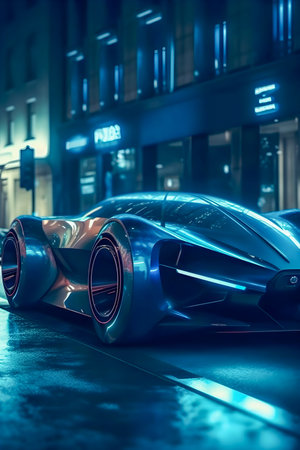Retro future car concept, dark colors, car show style, AI Generatedの素材