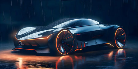Retro future car concept, dark colors, car show style, AI Generatedの素材