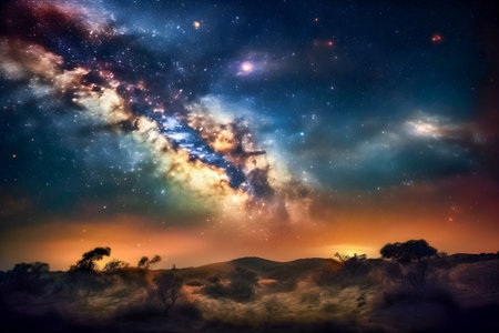 Galaxy with stars, planets, and other celestial bodies, vibrant and colorful, AI Generatedの素材