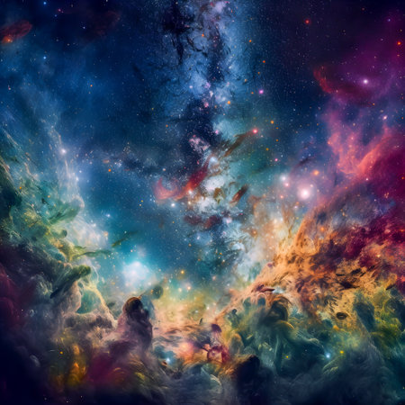 Galaxy with stars, planets, and other celestial bodies, vibrant and colorful, AI Generatedの素材