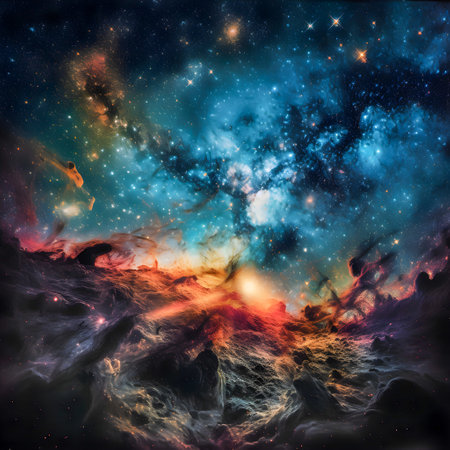 Galaxy with stars, planets, and other celestial bodies, vibrant and colorful, AI Generatedの素材