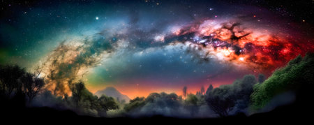 Galaxy with stars, planets, and other celestial bodies, vibrant and colorful, AI Generatedの素材