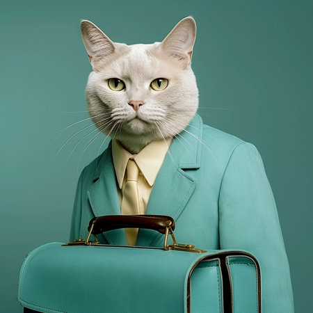 Cat businessman with suitcase, vintage style illustration, anthropomorphic cat, AI Generatedの素材