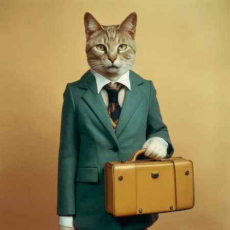 Cat businessman with suitcase, vintage style illustration, anthropomorphic cat, AI Generatedの素材