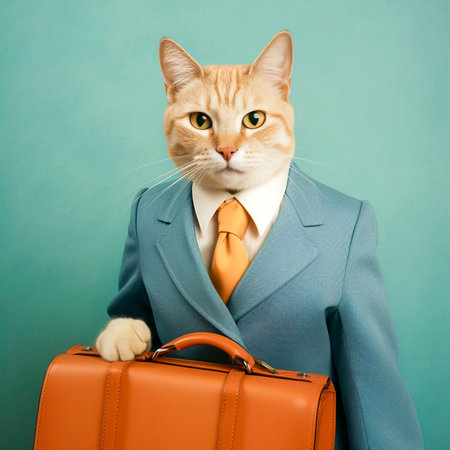 Cat businessman with suitcase, vintage style illustration, anthropomorphic cat, AI Generatedの素材