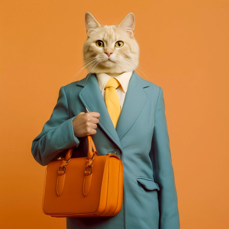 Cat businessman with suitcase, vintage style illustration, anthropomorphic cat, AI Generatedの素材