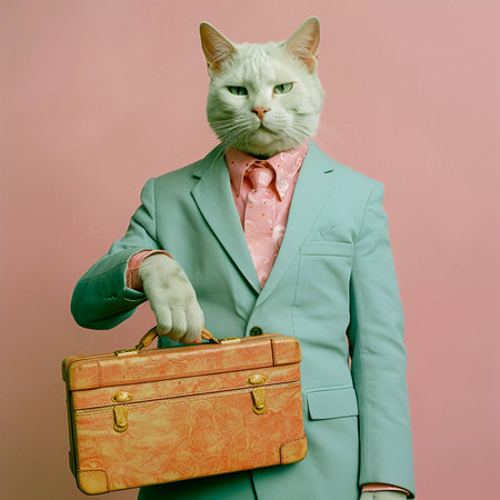 Cat businessman with suitcase, vintage style illustration, anthropomorphic cat, AI Generatedの素材