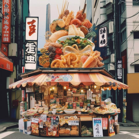 Asian street food, collage art style, vintage illustration, AI Generatedの素材