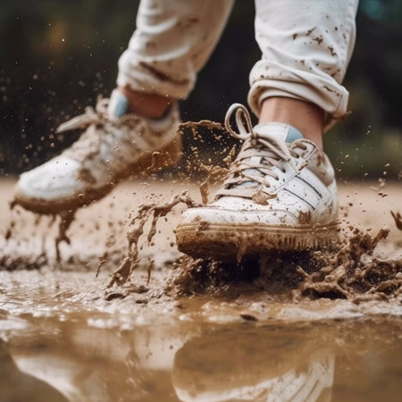 Jump with white sneaker shoes into a dirty puddle splash, AI Generatedの素材