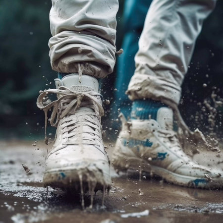 Jump with white sneaker shoes into a dirty puddle splash, AI Generatedの素材