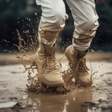 Jump with white sneaker shoes into a dirty puddle splash, AI Generatedの素材