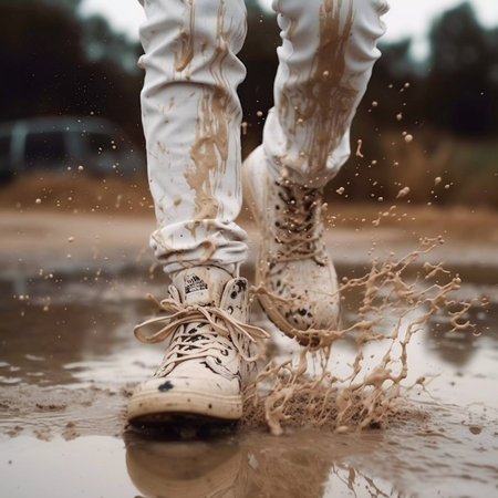 Jump with white sneaker shoes into a dirty puddle splash, AI Generatedの素材