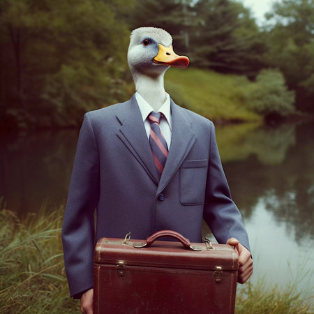 Goose go to work with suitcase, vintage style illustration, anthropomorphic animals, AI Generatedの素材