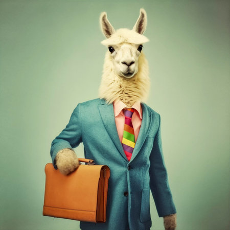 Lama go to work with suitcase, vintage style illustration, anthropomorphic animals, AI Generatedの素材