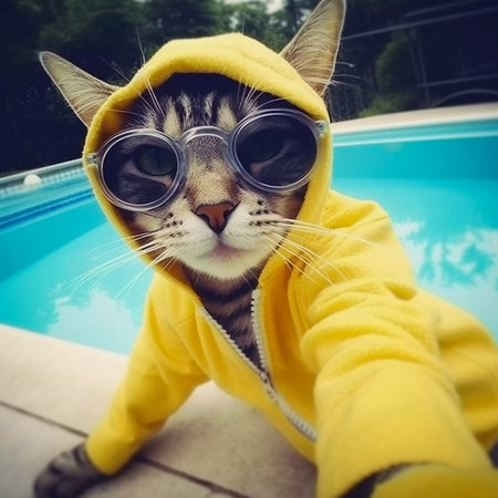 Cat take selfie photo on swimming pool, AI Generatedの素材