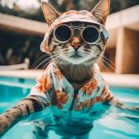 Cat take selfie photo on swimming pool, AI Generatedの素材