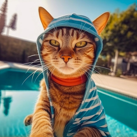 Cat take selfie photo on swimming pool, AI Generatedの素材