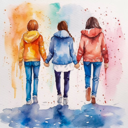 Friendship illustration, watercolor and sketch, colorful, AI Generatedの素材