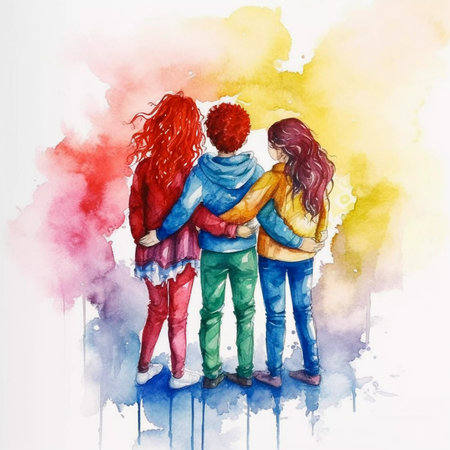 Friendship illustration, watercolor and sketch, colorful, AI Generatedの素材