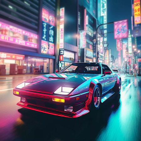 Retro Revival: Classic Car on Tokyo Street, Embracing Retrowave Aesthetics, AI Generatedの素材