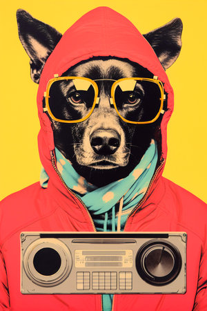 Vintage Vibes: Album Art and Poster with Hipster Vintage Portrait of an Anthropomorphic Dog, AI Generatedの素材