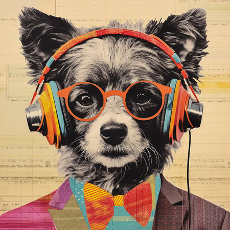 Vintage Vibes: Album Art and Poster with Hipster Vintage Portrait of an Anthropomorphic Dog, AI Generatedの素材